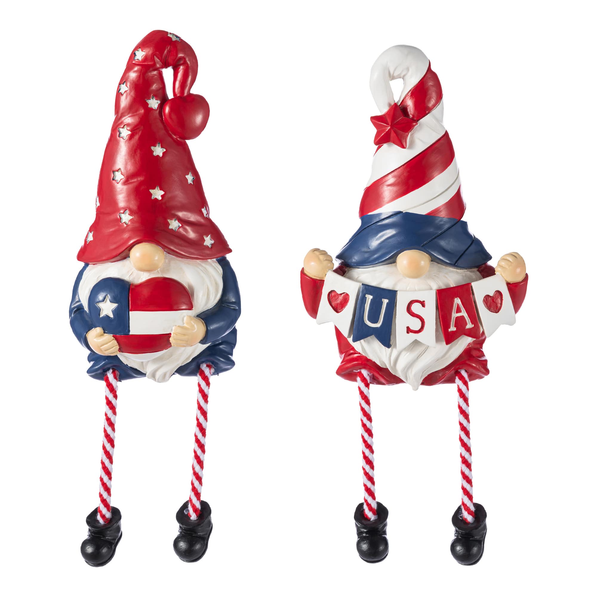 Glitzhome® Set of 2 Patriotic Americana Polyresin Gnomes with Dangling Legs Table Decor